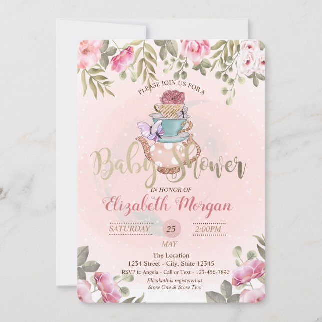 Aquarellfarben Blume Teekanne Babydusche Einladung (Vorderseite)