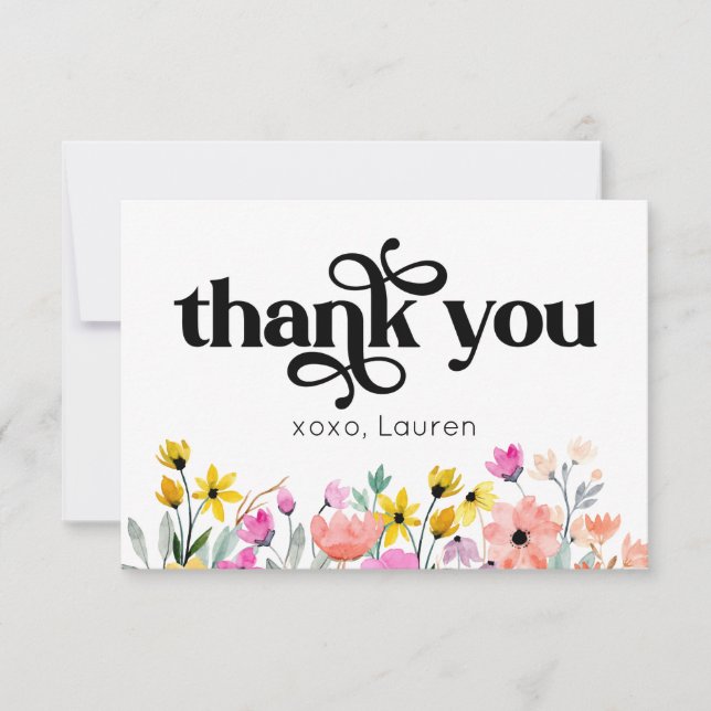 Aquarellfarben Blume Typografie Flat Vielen Dank Dankeskarte (Vorderseite)