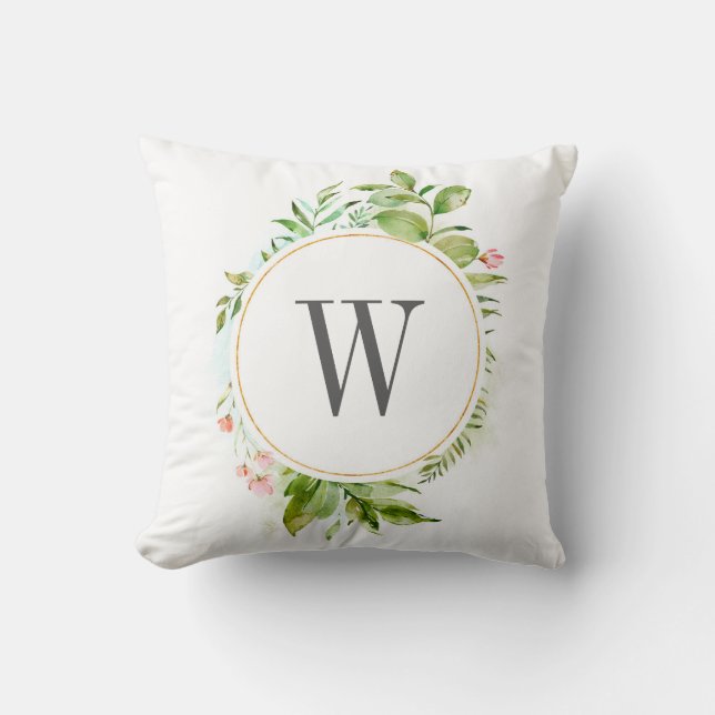 Aquarellfarben Blumenblättermonogramm Kissen (Vorderseite)