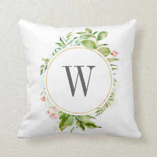 Aquarellfarben Blumenblättermonogramm Kissen