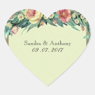 Aquarellfarben Blumengrün und rosa Hochzeitskleber Herz-Aufkleber