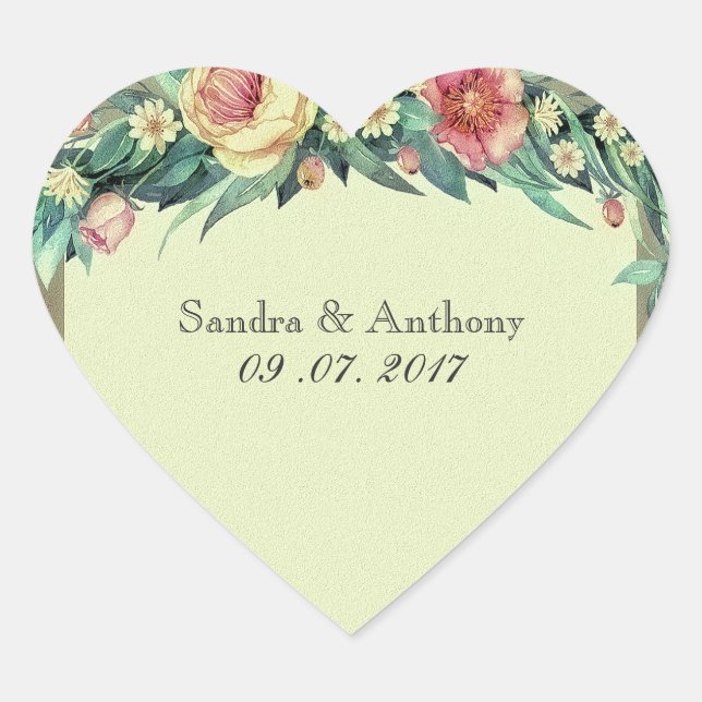 Aquarellfarben Blumengrün und rosa Hochzeitskleber Herz-Aufkleber (Vorderseite)