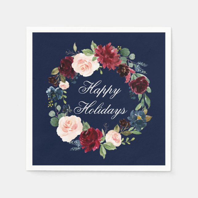 Aquarellfarben Blumenreath Happy Holidays Blue Serviette (Vorderseite)