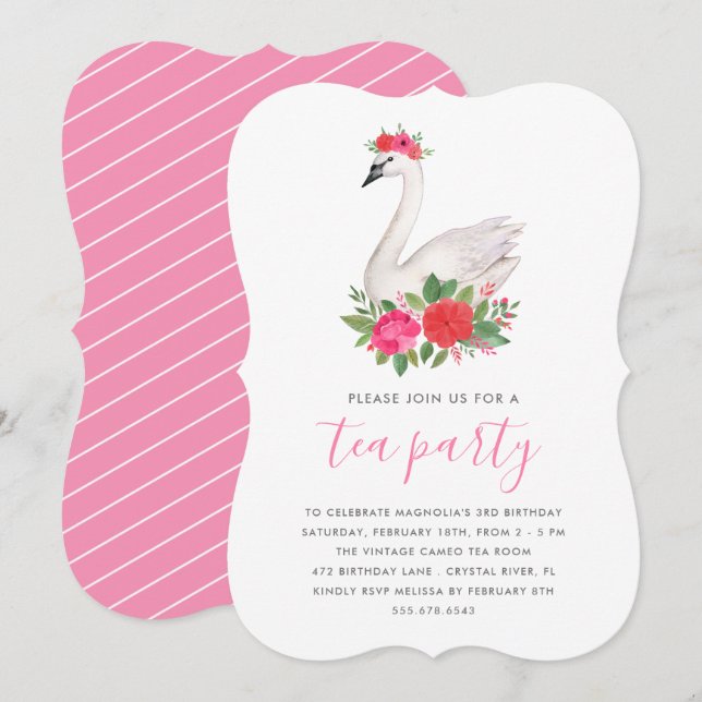 Aquarellfarben Blumenschwan Princess Birthday Tee  Einladung (Vorne/Hinten)