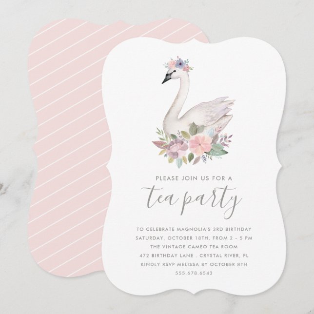 Aquarellfarben Blumenschwan Princess Birthday Tee  Einladung (Vorne/Hinten)