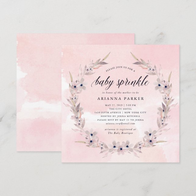 Aquarellfarben | Blush Pink Floral Baby Sprinkle Einladung (Vorne/Hinten)