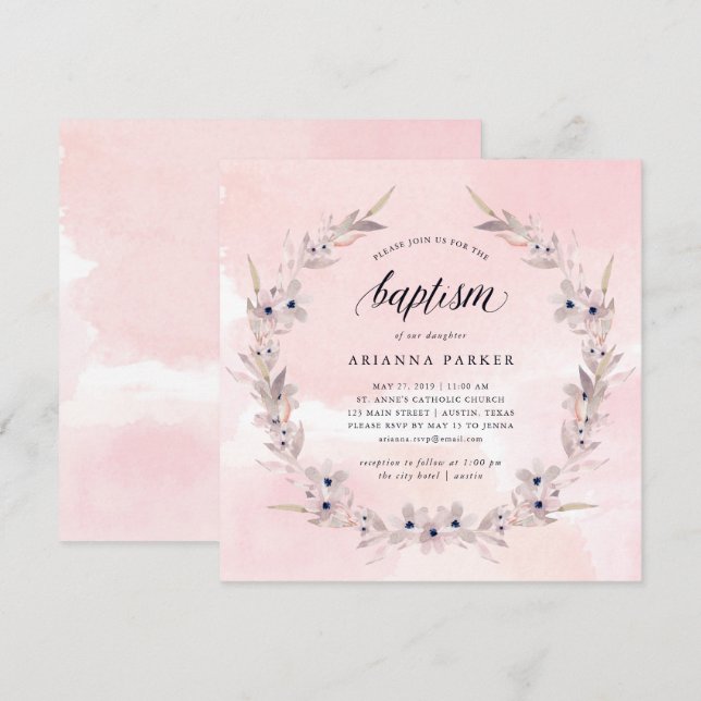 Aquarellfarben | Blush Pink Floral Taufe Einladung (Vorne/Hinten)
