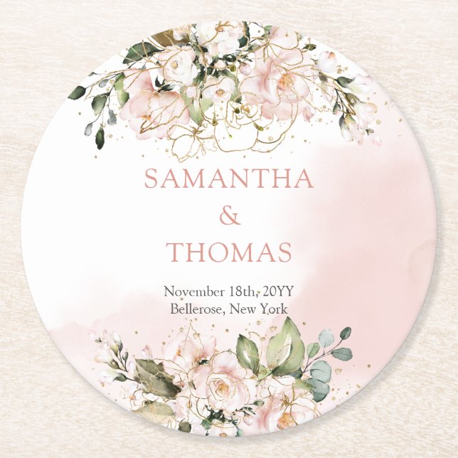 Aquarellfarben Blush Rose Eukalyptus Goldhochzeit Runder Pappuntersetzer (Vorderseite)