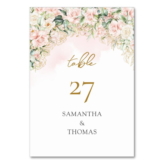 Aquarellfarben Blush Rose Eukalyptus Goldhochzeit Tischnummer (Vorderseite)