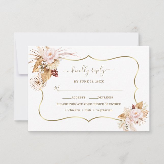 Aquarellfarben Blush Rose Pampas Grass Goldhochzei RSVP Karte (Vorderseite)