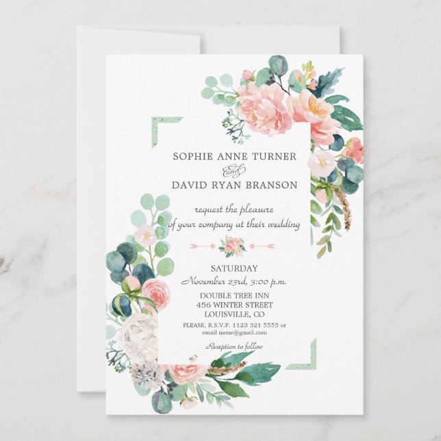 Aquarellfarben Blush White Peonies Rahmen Hochzeit Einladung (Vorderseite)