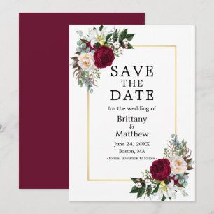Aquarellfarben Blütenburgund Weißer Goldrahmen Save The Date