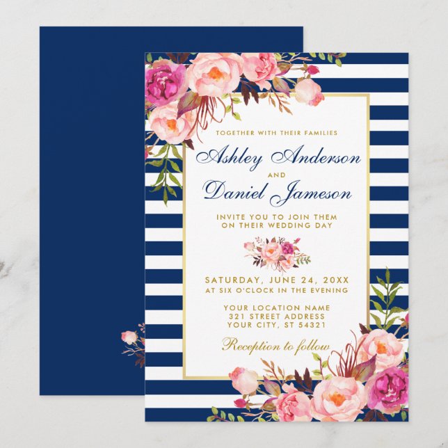 Aquarellfarben Blütenrosa Blauer Streifen Hochzeit Einladung (Vorne/Hinten)