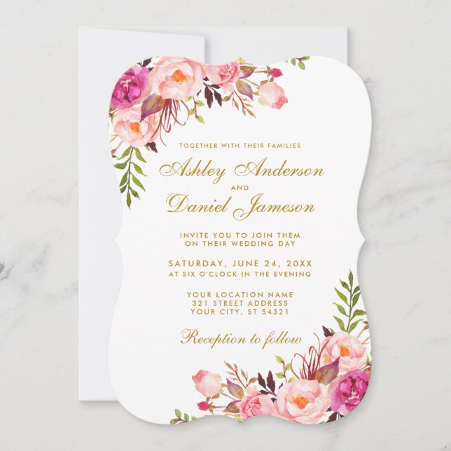 Aquarellfarben Blütenrosa Blush Gold Wedding B Einladung (Vorderseite)