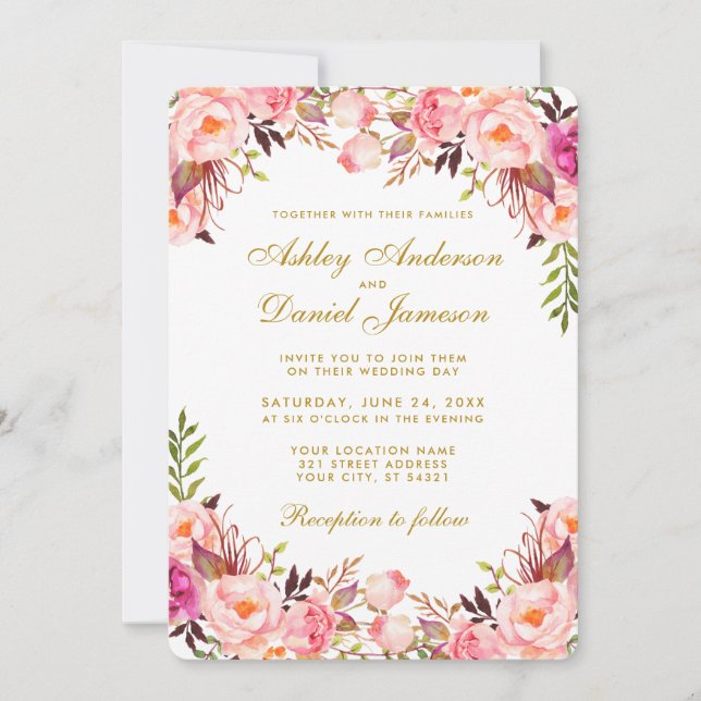 Aquarellfarben Blütenrosa Blütenhochzeit Gold Einladung (Vorderseite)