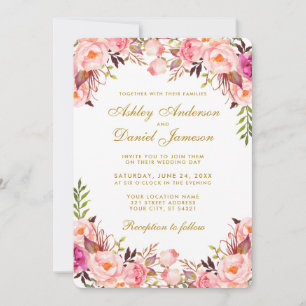 Aquarellfarben Blütenrosa Blütenhochzeit Gold Einladung
