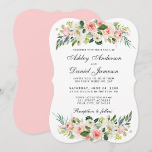 Aquarellfarben Blütenrosa Blütenweiß Hochzeit BP Einladung