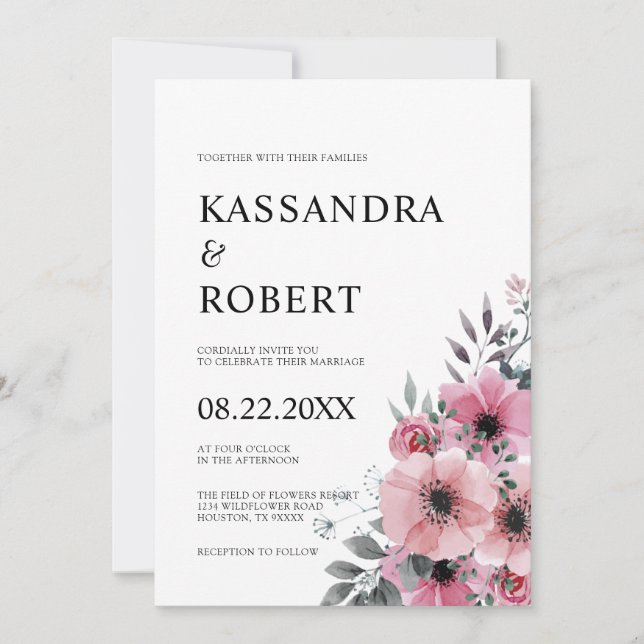 Aquarellfarben Blütenrosa Hochzeit von Anemone Einladung (Vorderseite)