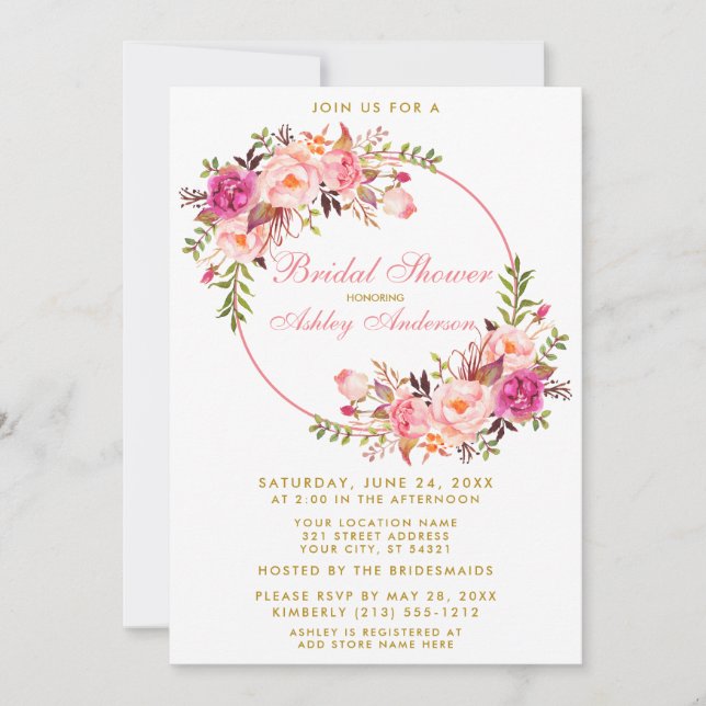 Aquarellfarben Blütenrosa Kraut Gold Brautparty P Einladung (Vorderseite)