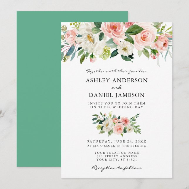 Aquarellfarben Blütenrosa Neo Mint Wedding Einladung (Vorne/Hinten)