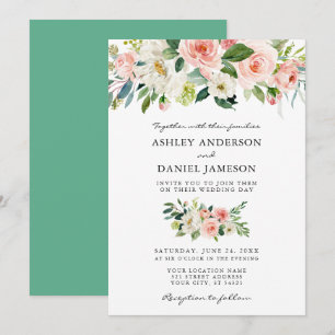 Aquarellfarben Blütenrosa Neo Mint Wedding Einladung