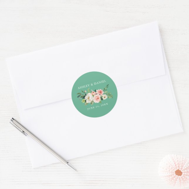 Aquarellfarben Blütenrosa Neo Mint Wedding Runder Aufkleber (Umschlag)