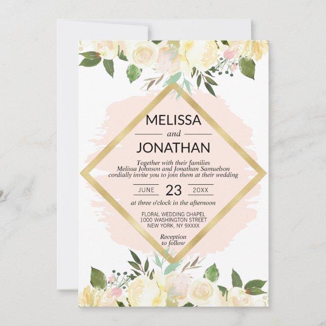 Aquarellfarben Blütenrosa Rosa Rosa Goldhochzeit Einladung (Vorderseite)