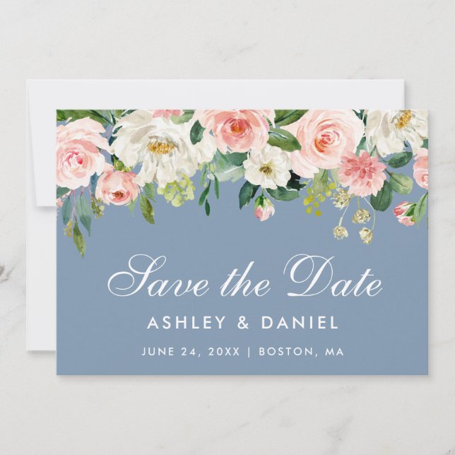 Aquarellfarben Blütenrosa Weiß Dusty Blau Save The Date (Vorderseite)