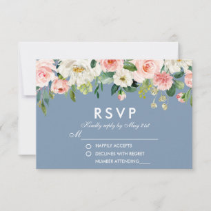 Aquarellfarben Blütenrosa Weißes Dusty Blue Weddin RSVP Karte