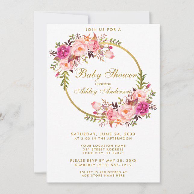 Aquarellfarben Blütenrosa Wreath Gold Baby Dusche Einladung (Vorderseite)