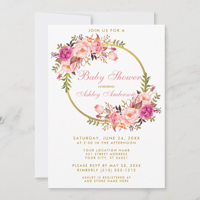 Aquarellfarben Blütenrosa Wreath Gold Baby Dusche  Einladung (Vorderseite)