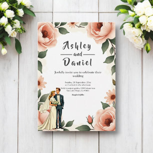 Aquarellfarben Blütenrot Rosa Braun & Groom Hochze Einladung