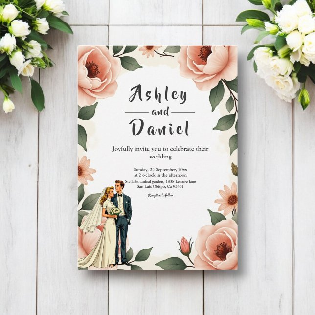 Aquarellfarben Blütenrot Rosa Braun & Groom Hochze Einladung (Von Creator hochgeladen)