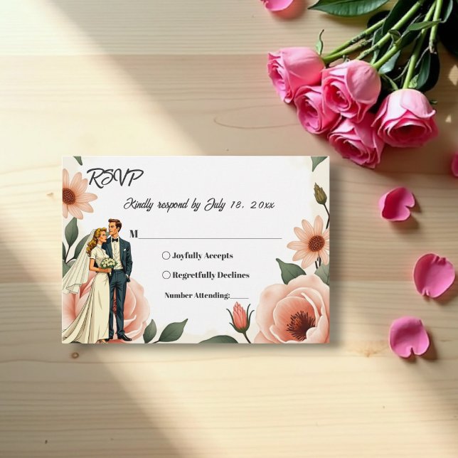 Aquarellfarben Blütenrot Rosa Braun & Groom Hochze RSVP Karte (Von Creator hochgeladen)