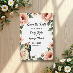 Aquarellfarben Blütenrot Rosa Braun & Groom Hochze Save The Date