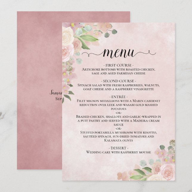 Aquarellfarben Blütenrot Rosa & Mauve Hochzeit Menükarte (Vorne/Hinten)
