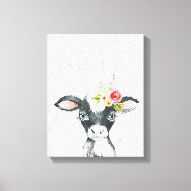 Aquarellfarben Blütenschwarz und Weiße Kuh Kunst Leinwanddruck (Vorderseite)