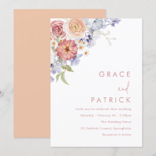 Aquarellfarben Blütenstaub Blau & Pfirsichhochzeit Einladung