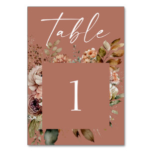 Aquarellfarben Braunblüte Boho Blütenhochzeit Tischnummer