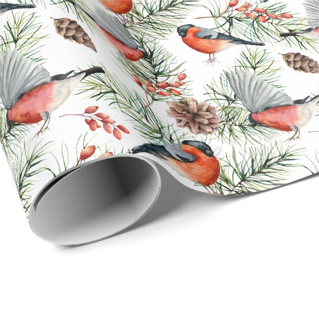 Aquarellfarben Bulfinch Pine Cons Weihnachtsfeiert Geschenkpapier (Rolleneckpunkt)