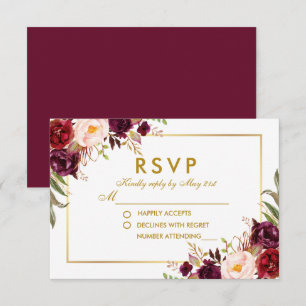 Aquarellfarben-Burgund-Gold-Hochzeit RSVP B Karte
