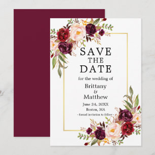 Aquarellfarben-Burgundi-Rose Blumengoldrahmen Save The Date