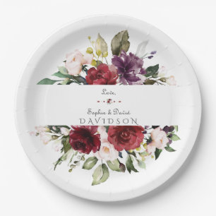 Aquarellfarben Burgundy Blush Blume Rahmen Hochzei Pappteller