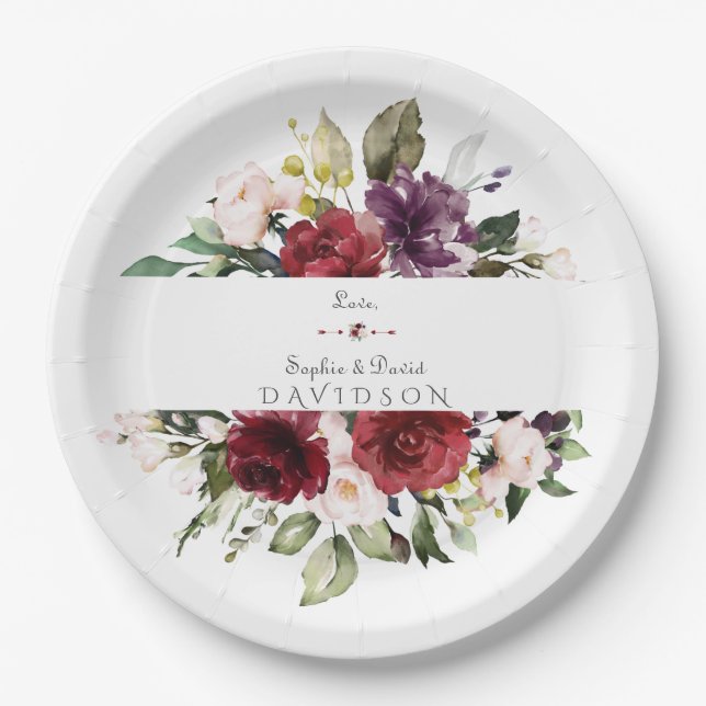 Aquarellfarben Burgundy Blush Blume Rahmen Hochzei Pappteller (Vorderseite)