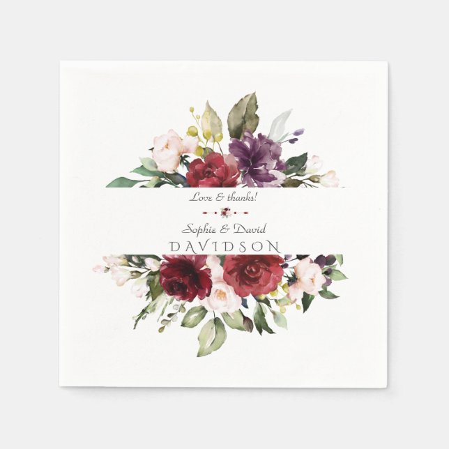 Aquarellfarben Burgundy Blush Blume Rahmen Hochzei Serviette (Vorderseite)