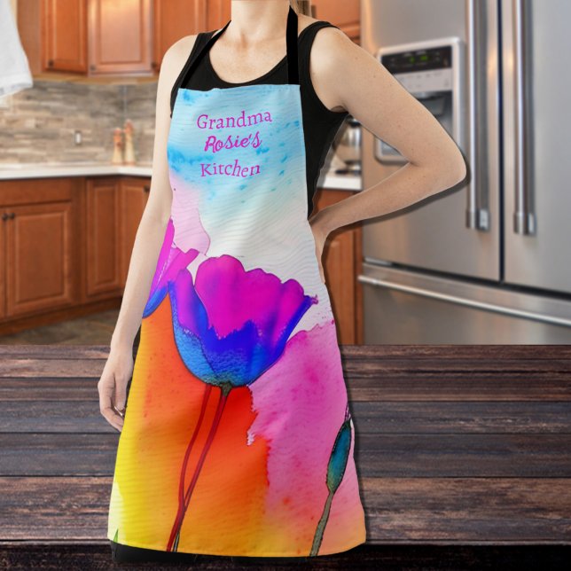 Aquarellfarben California Poppy Pink Blau Schürze (Watercolor floral apron with California Poppies in Pink and Blue with Orange Yellow Blue Background.)