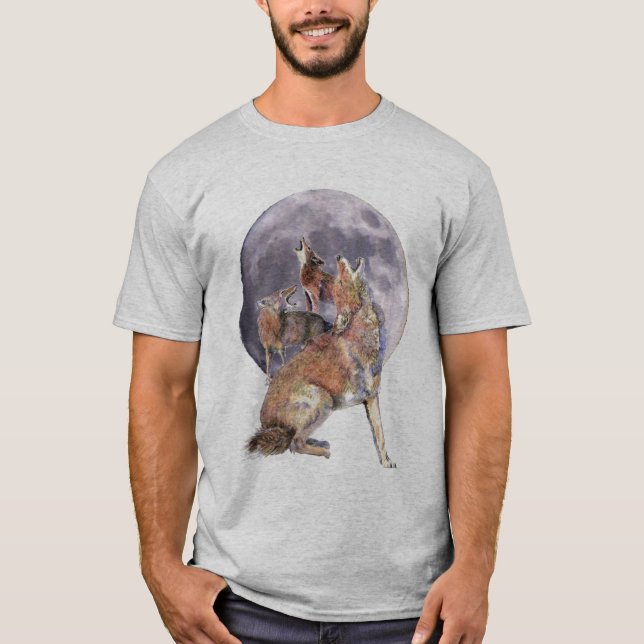 Aquarellfarben-Coyote-Pack Howling auf dem Mond T-Shirt (Vorderseite)