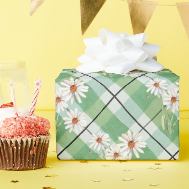 Aquarellfarben-Daisy-Bunch auf grünem Kariert Geschenkpapier (Geburtstagsparty)