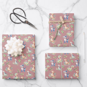 Aquarellfarben-Dinosaurier auf dunkler Rose rosa Geschenkpapier Set
