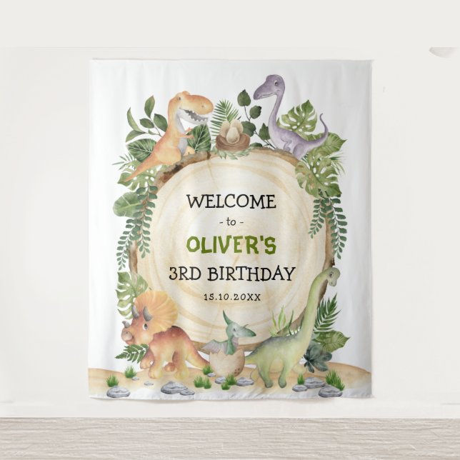 Aquarellfarben Dinosaurier Boys Geburtstag Begrüßu Wandteppich (Vorderseite)